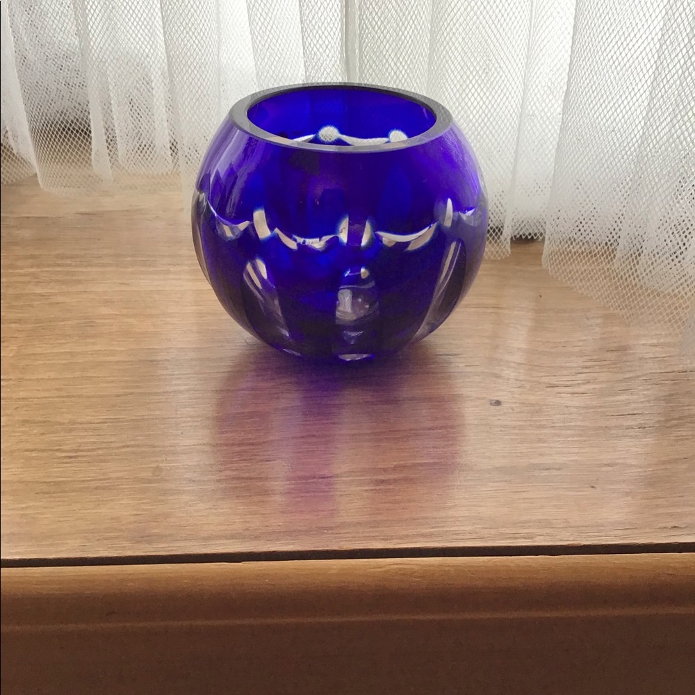 VINTAGE COBALT BOHEMIAN CUT GLASS CANDLEHOLDER - Picture 2 of 12